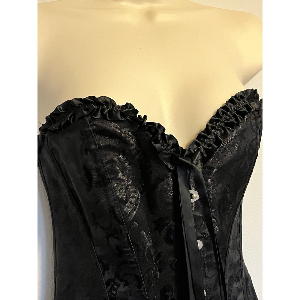 Women's Black Satin Brocade Corset Busk Front Lace up Back S Goth Witchy Pirate - Picture 3 of 8